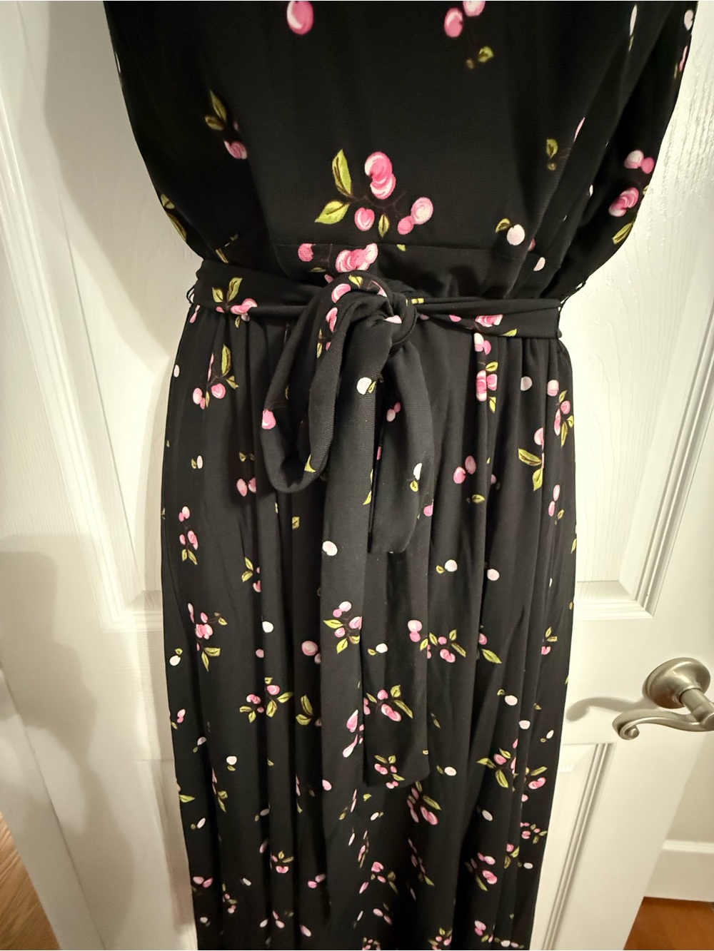 Anne Klein Black Midi Dress with Pink Floral Print and Tie Waist - Picture 3 of 5